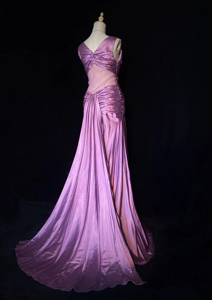 Bescheidene Abschlussballkleider im Meerjungfrau-Stil, V-Ausschnitt, Satin mit Rüschen-Schleppe für Damen, formelles Kleid N3229