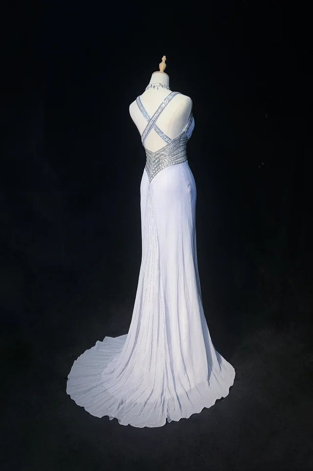 Robes de bal vintage sirène bustier en cœur mousseline grise avec perles robe de soirée longue années 1970 N2614