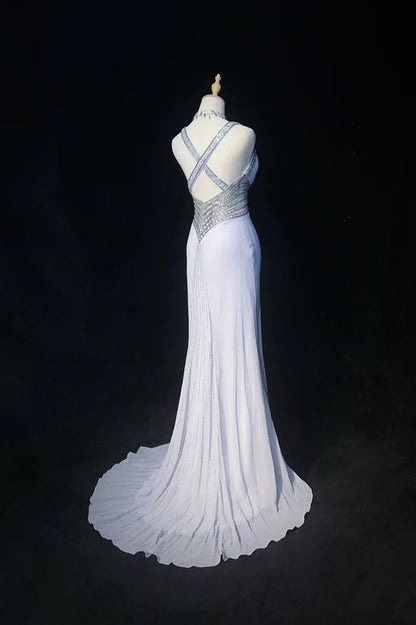 Robes de bal vintage sirène bustier en cœur mousseline grise avec perles robe de soirée longue années 1970 N2614