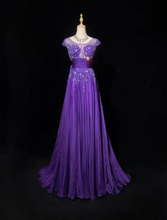 Vintage Prom-Kleider A-Linie U-Boot-Ausschnitt Lila Chiffon 80er mit Perlenstickerei Lange Formelle Abendgarderobe N3899