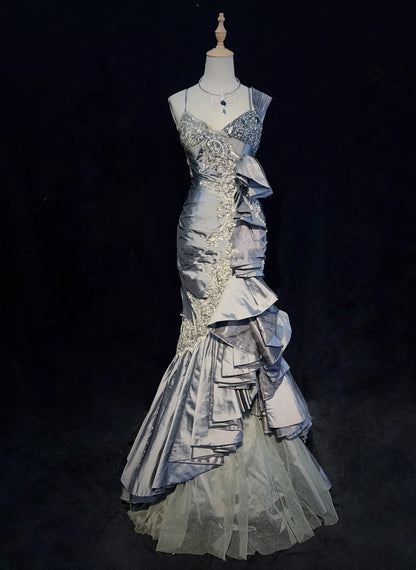 Robes de bal vintage sirène à bretelles en satin gris et dentelle avec volants, longues tenues de soirée N3442