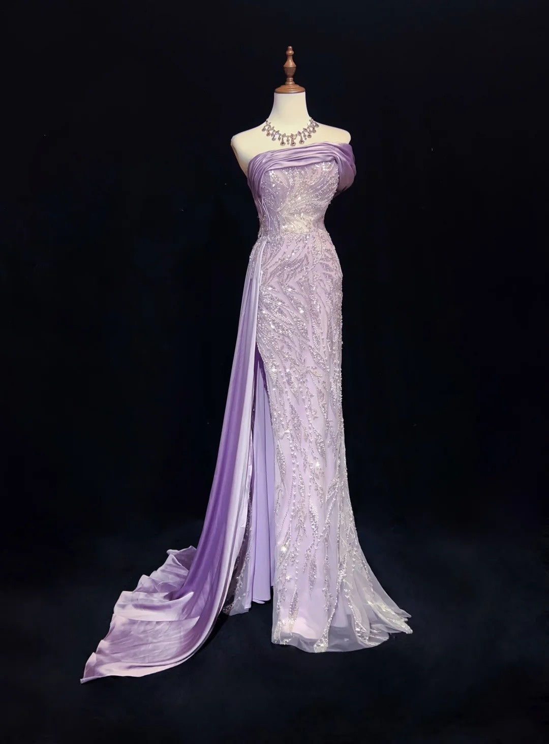 Robe de bal vintage Inspo sirène bustier lilas sequinée avec perles fendues années 80 longue robe de soirée N2742