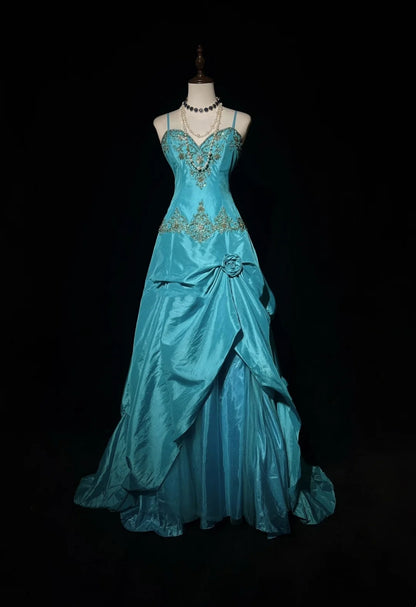 Vintage Abschlussballkleider Ästhetik 80er Retro Ballkleid Spaghettiträger Blau Taft Bodenlang Abendgarderobe N2329