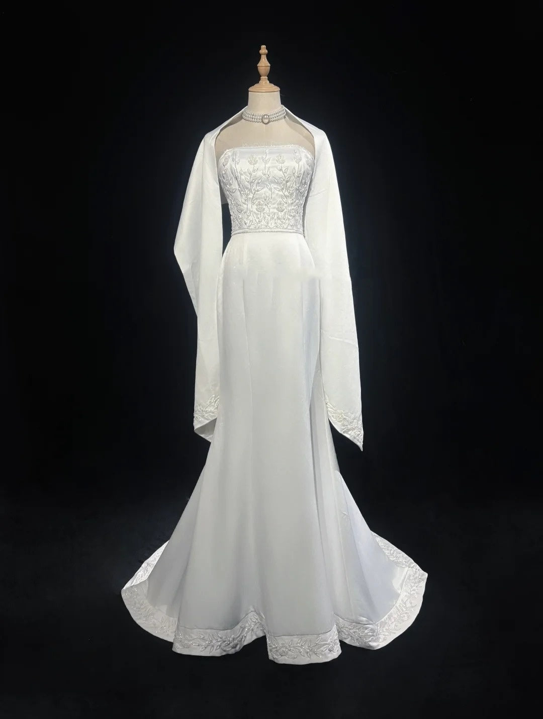 Vintage 90er Brautkleider Meerjungfrau Trägerlos Satin Weiß Perlen Sommer Garten Langes Brautkleid N3823