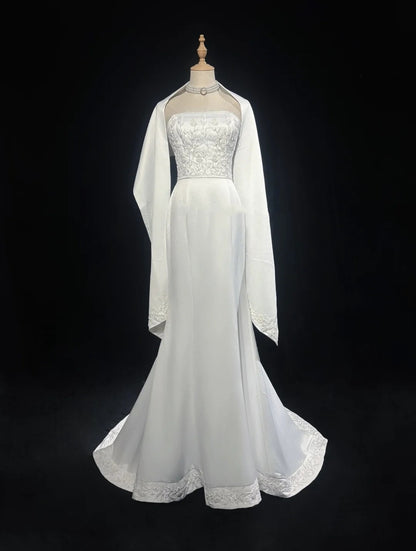 Vintage 90er Brautkleider Meerjungfrau Trägerlos Satin Weiß Perlen Sommer Garten Langes Brautkleid N3823