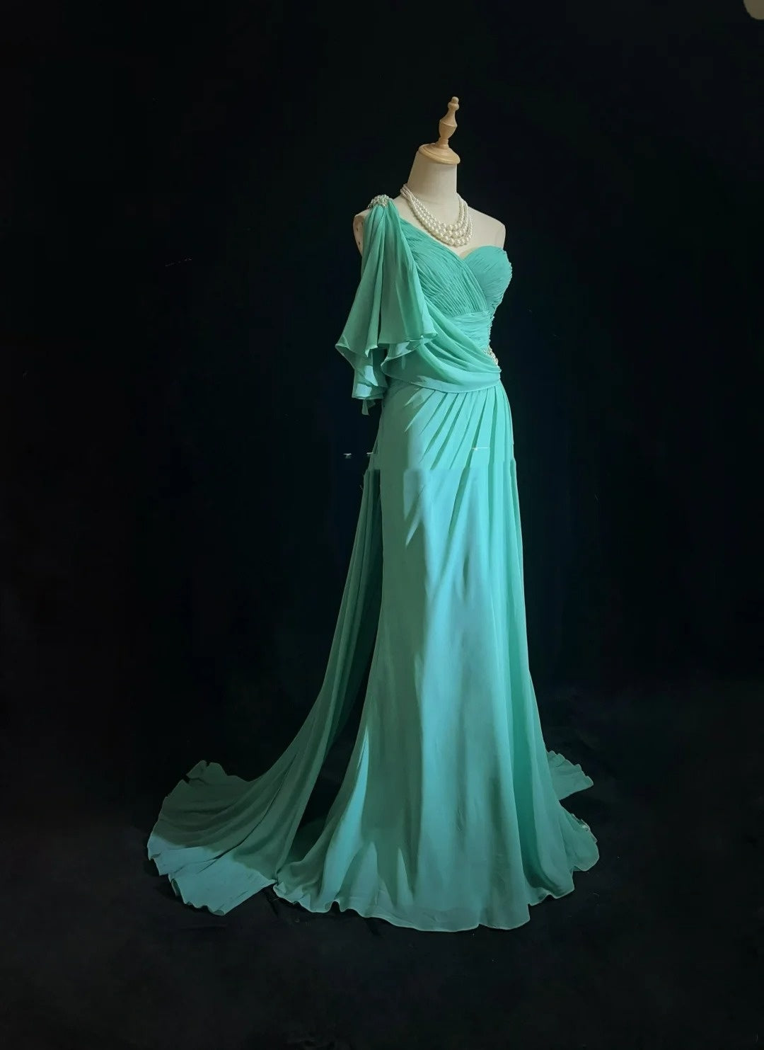 Vintage Abschlussballkleider Meerjungfrau One Shoulder Blau Chiffon 80er Lang Festliches Kleid N2758