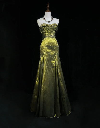Robes de bal vintage des années 90, sirène, bustier, taffetas vert olive avec perles, longue robe de bal N3026