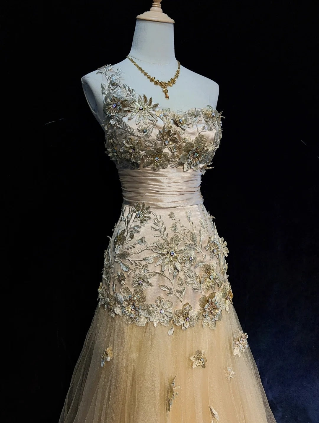 Vintage Prom Dresses Inspo Mermaid One Shoulder Tulle Gold 90s With Appliqued Formal Gowns N3343