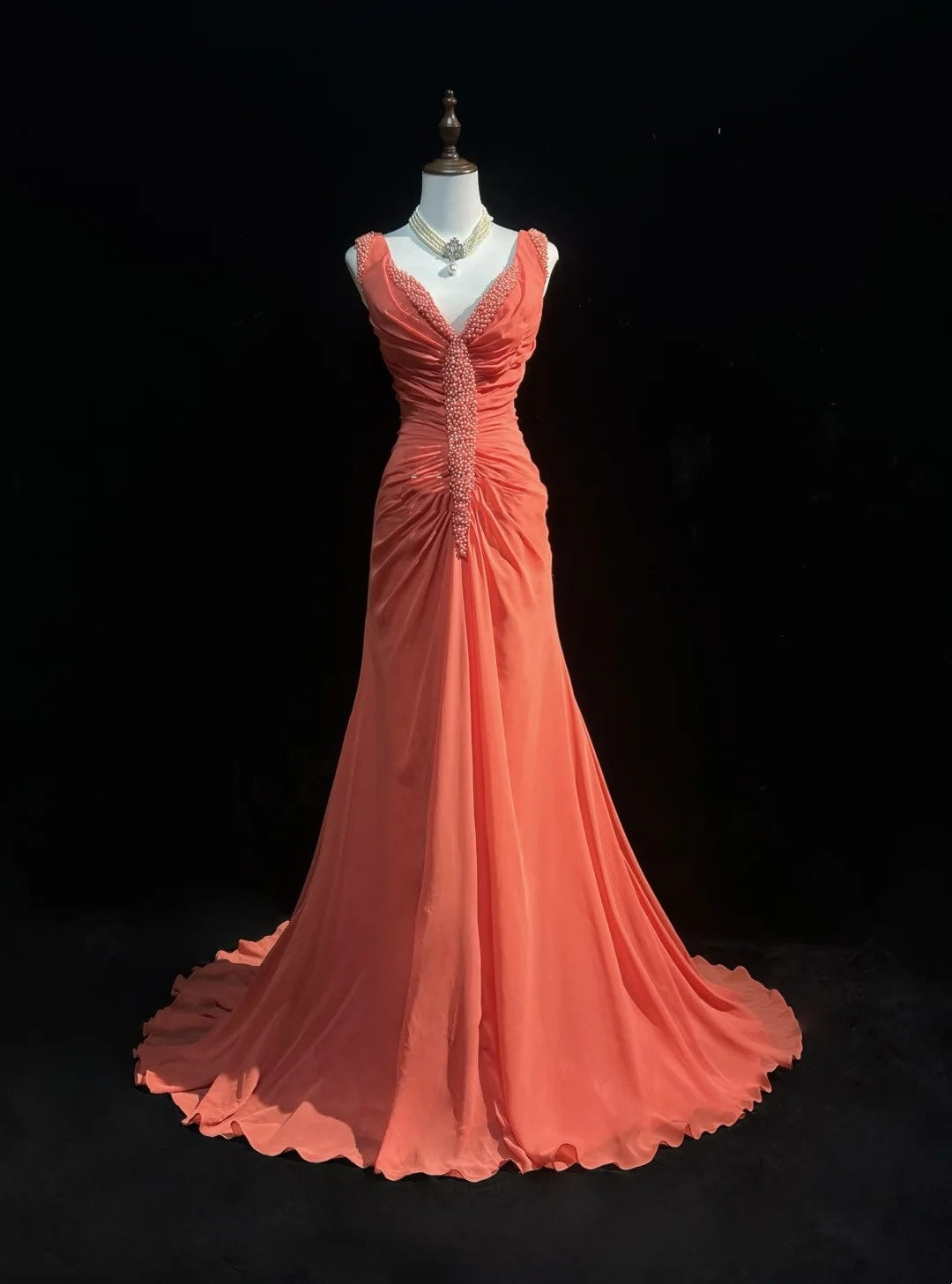 Robes de bal vintage des années 2000 Sirène Col en V Orange Mousseline avec perles à volants Longue robe de bal N3093