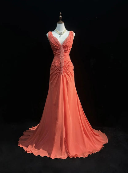Robes de bal vintage des années 2000 Sirène Col en V Orange Mousseline avec perles à volants Longue robe de bal N3093