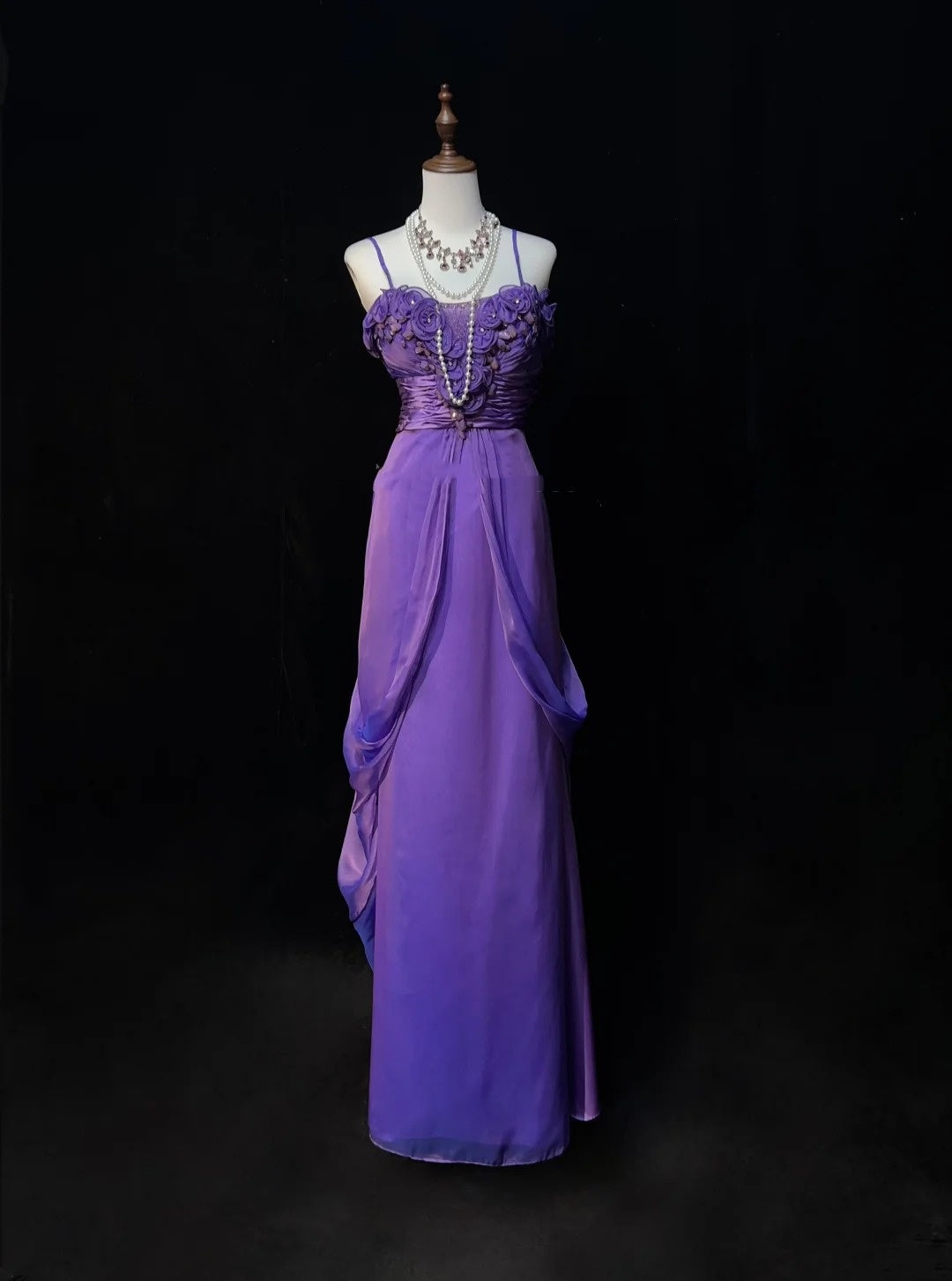 Vintage Abschlussballkleider A-Linie Spaghettiträger Traube Chiffon Ärmellos 1980er Lange Formelle Abendkleid N2631