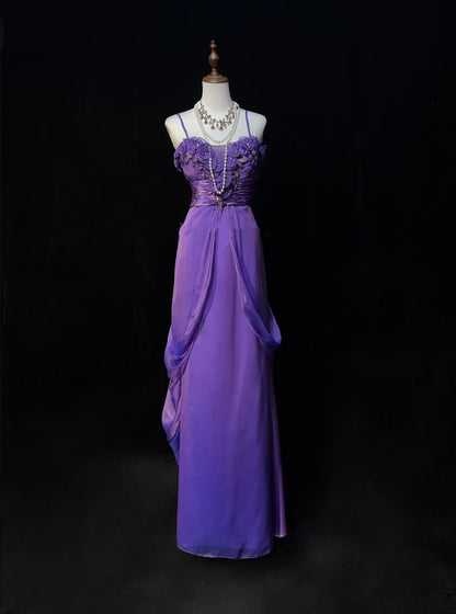 Vintage Abschlussballkleider A-Linie Spaghettiträger Traube Chiffon Ärmellos 1980er Lange Formelle Abendkleid N2631