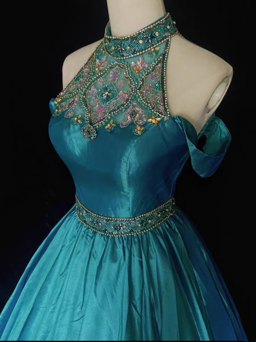 Inspiration Robes de bal vintage Robe de bal col haut satin bleu années 1990 avec perles Robes de soirée N3322