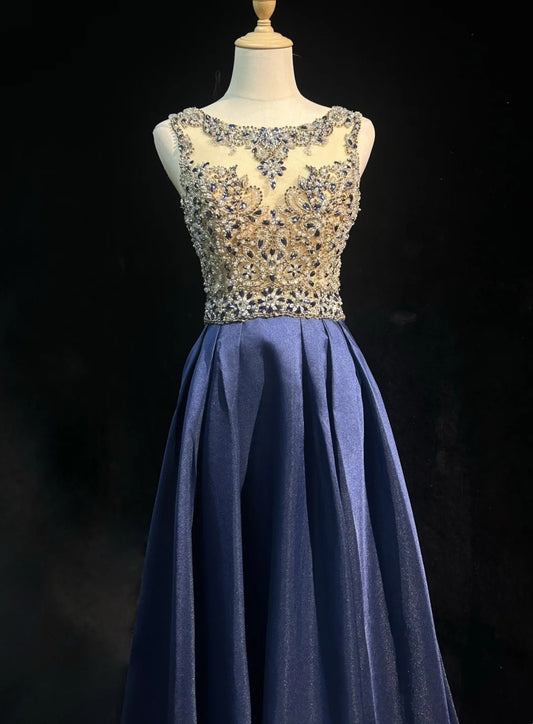 Vintage Prom Dresses A-Linie U-Boot-Ausschnitt Marineblau Satin 80er Jahre Mit Perlen Lang Formelle Abendgarderobe N4220