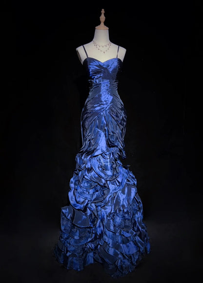 Inspiration robes de bal vintage sirène à fines bretelles bleu marine à volants étagés années 80 avec robes de soirée à volants N3361