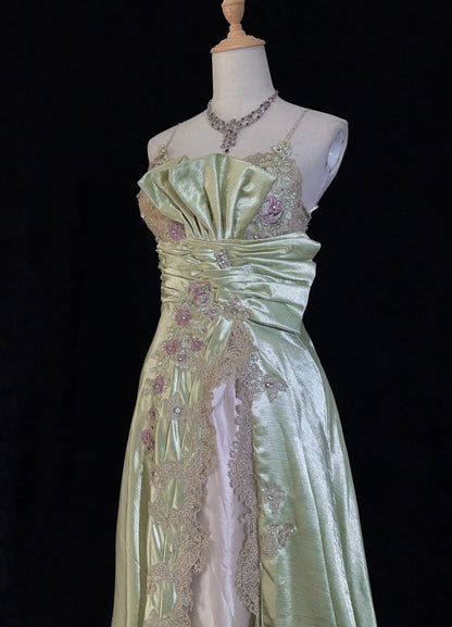 Robes de bal élégantes Inspo Sirène Bretelles Spaghetti Satin Vert Sauge Avec Dentelle Perles Pour Femmes Robe Formelle N3230