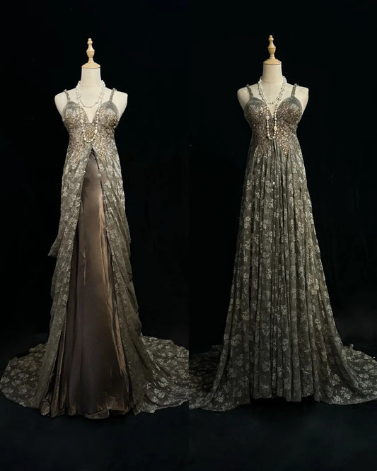 Grey Prom Dress Inspo A Line Spaghetti Straps Lace With Beading Long Formal Party Gown RC0095
