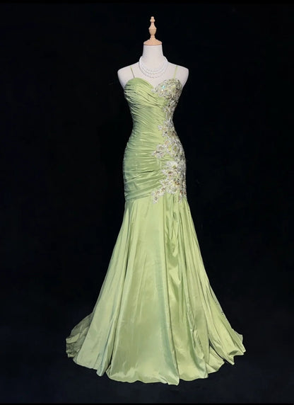 Vintage Abschlussballkleider Meerjungfrau Spaghettiträger Salbeigrün mit Applikationen 80er Jahre Langes Ballkleid N2728