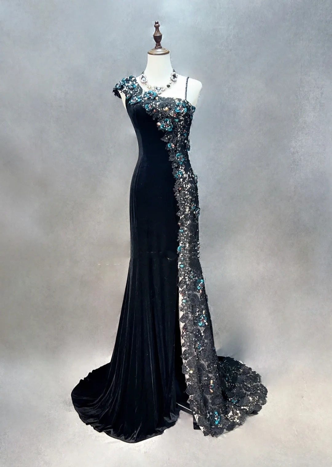 Vintage Prom Dresses Mermaid One Shoulder Black Velvet Sequin With Split Long 70s Formal Gown N2579