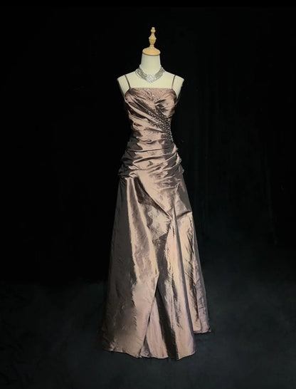 Vintage-Ballkleid für den Abschlussball, Spaghettiträger, Perlen, ärmellos, Taft, 90er, langes Abendkleid N2879