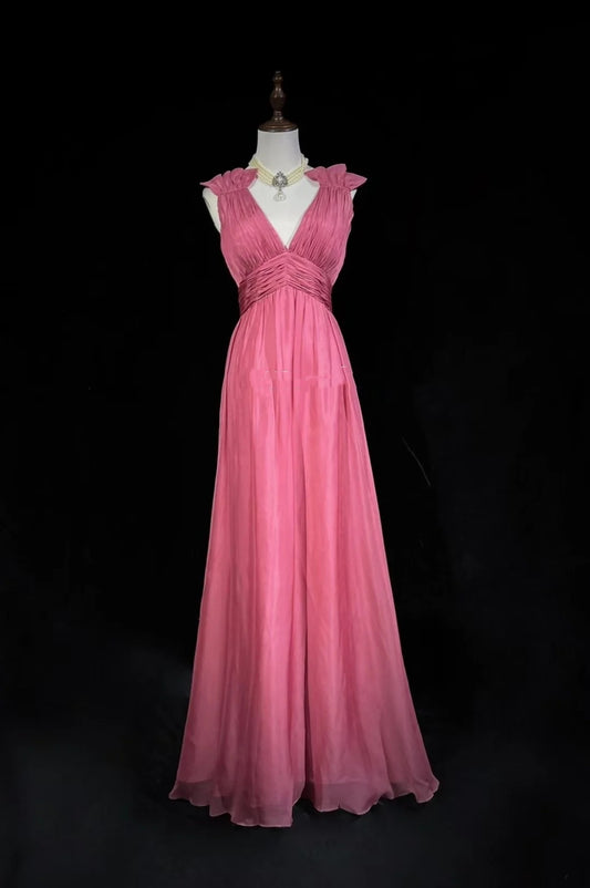 Abendkleid A-Linie V-Ausschnitt Rosa Chiffon Party Abschlussball Cocktailkleid für besondere Anlässe Robe N2464