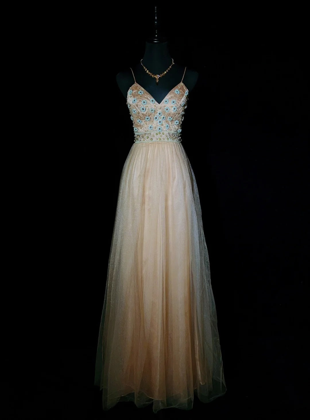 Robes de bal vintage des années 80, coupe trapèze, bretelles spaghetti, tulle champagne, longues, tenues de soirée semi-formelles N3649