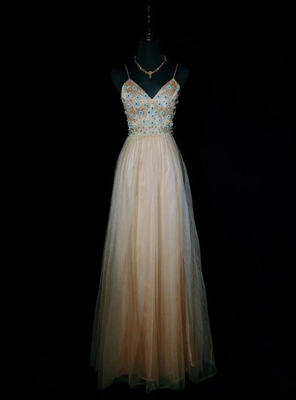 Robes de bal vintage des années 80, coupe trapèze, bretelles spaghetti, tulle champagne, longues, tenues de soirée semi-formelles N3649