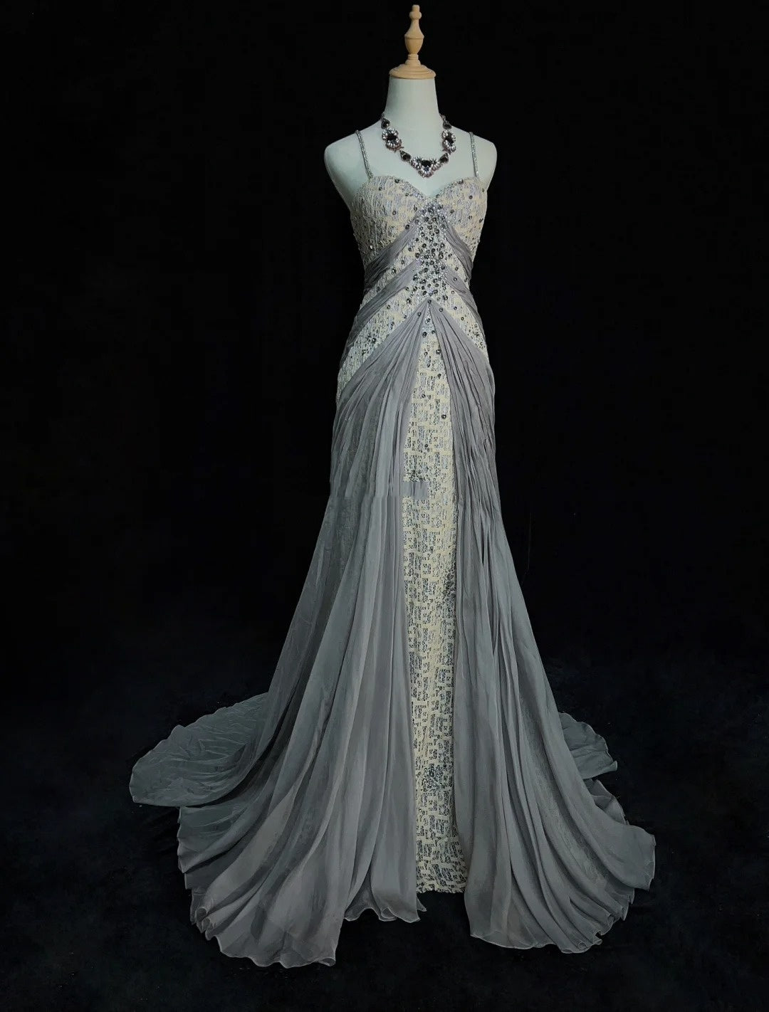 Inspiration Robes de bal vintage Sirène Bretelles fines Dentelle grise Années 90 Robes de soirée formelles pailletées en dentelle N3348