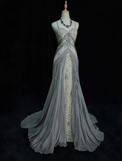 Inspiration Robes de bal vintage Sirène Bretelles fines Dentelle grise Années 90 Robes de soirée formelles pailletées en dentelle N3348