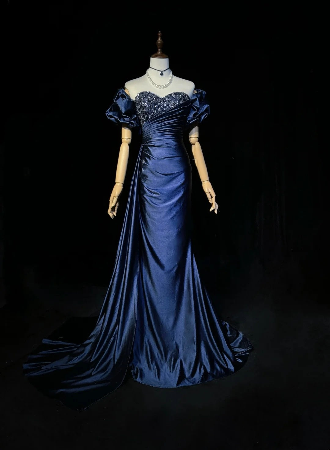 Vintage Prom Dresses Mermaid Sweetheart Navy Blue Satin With Beaded Sleeves 90s Long Formal Evening Gown N2657