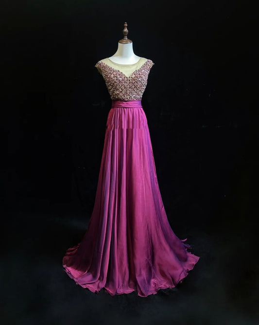 Vintage Ballkleider A-Linie Rundhals Fuchsie Chiffon Mit Perlen 80er Lange Formelle Abendgarderobe N3880