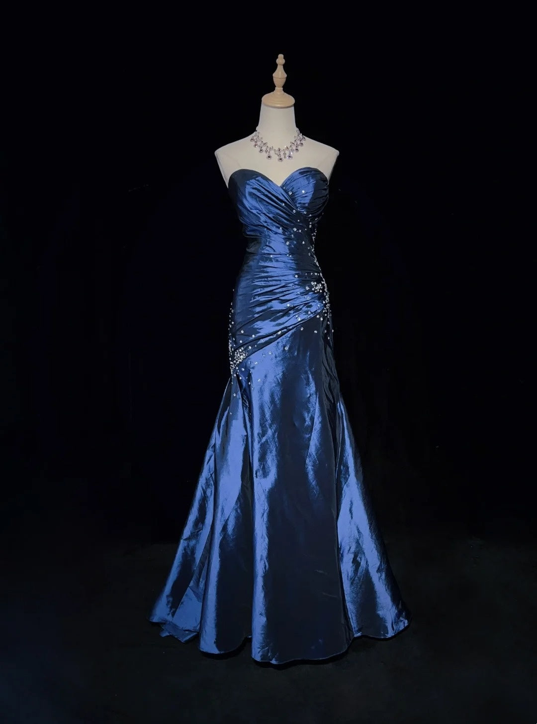 Vintage Abschlussballkleider 90er Jahre Meerjungfrau Sweetheart Marineblau Satin Lang Mit Perlen Abendoutfits N3135