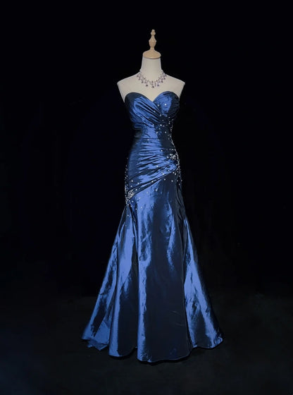 Vintage Abschlussballkleider 90er Jahre Meerjungfrau Sweetheart Marineblau Satin Lang Mit Perlen Abendoutfits N3135