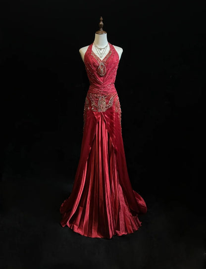 Robes de bal modestes sirène licou en mousseline de soie bordeaux avec perles longue robe de soirée formelle N3877