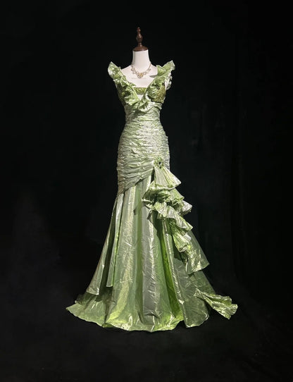 Vintage Ball Ästhetische Kleider Meerjungfrau V-Ausschnitt Grün mit Perlen Lang Abendkleid N3059