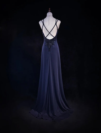 Robes de bal vintage des années 80, coupe trapèze, fines bretelles, en satin bleu marine, longues avec perles, tenues de soirée N3133