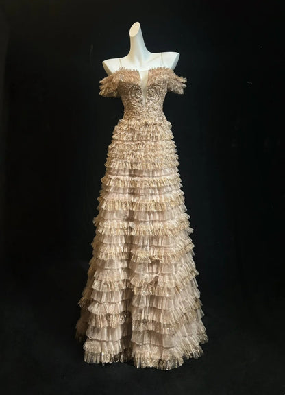 Vintage-Abschlussballkleider A-Linie Spaghettiträger Goldspitze mit Ärmeln 80er-Jahre-Abend-Formales Kleid RB3268