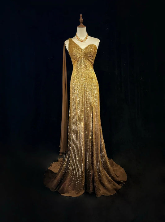 Vintage Meerjungfrau 2000er One Shoulder Gold Pailletten Abendkleid Lang Glitzernde Ballkleider N2574