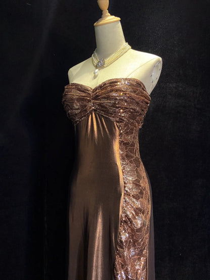 Vintage Abschlussballkleider Inspo A-Linie Sweetheart Braun Satin Lang 1990er Mit Pailletten Formelle Kleider N3345