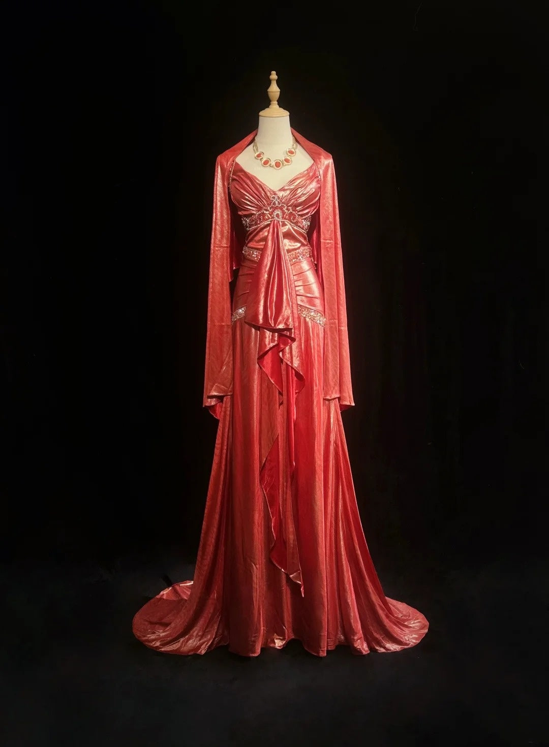 Élégante Robe de soirée longue corail à bretelles, coupe trapèze, perlée, plissée, sans manches, avec cape, Robes de bal N2448
