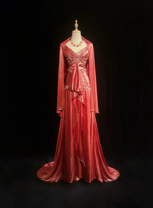 Elegantes A-Linien-Trägerkleid Koralle mit Perlenstickerei, Falten, ärmelloses langes Abendkleid mit Cape für den Abschlussball N2448