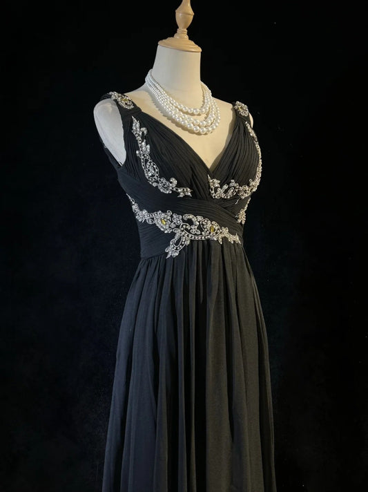 Vintage Prom Kleider A-Linie V-Ausschnitt Black Tie Chiffon 80er mit Perlenstickerei Lange Formelle Abendgarderobe N4221