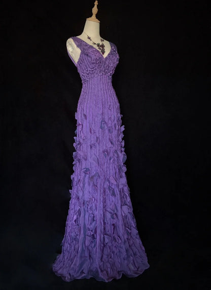 Vintage Meerjungfrauen-Abschlussballkleider mit V-Ausschnitt, Trauben-Chiffon mit Perlen, 80er Jahre, lange formelle Abendkleider N3884