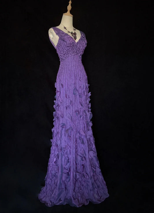 Vintage Meerjungfrauen-Abschlussballkleider mit V-Ausschnitt, Trauben-Chiffon mit Perlen, 80er Jahre, lange formelle Abendkleider N3884