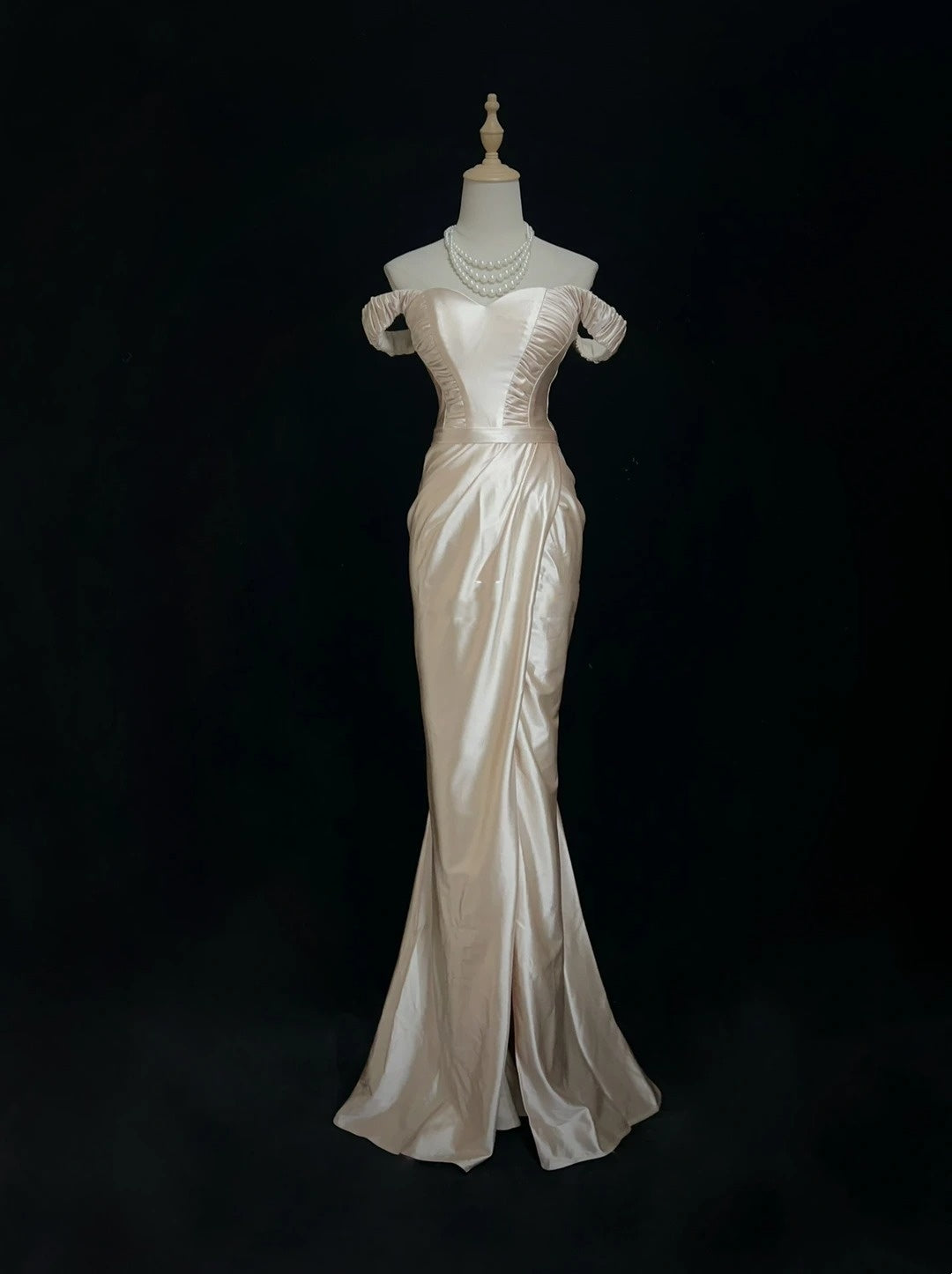 Vintage 90er Abschlussballkleider Meerjungfrau Off Shoulder Champagner Satin Langes Ballkleid N3010