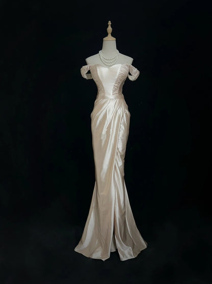 Vintage 90er Abschlussballkleider Meerjungfrau Off Shoulder Champagner Satin Langes Ballkleid N3010