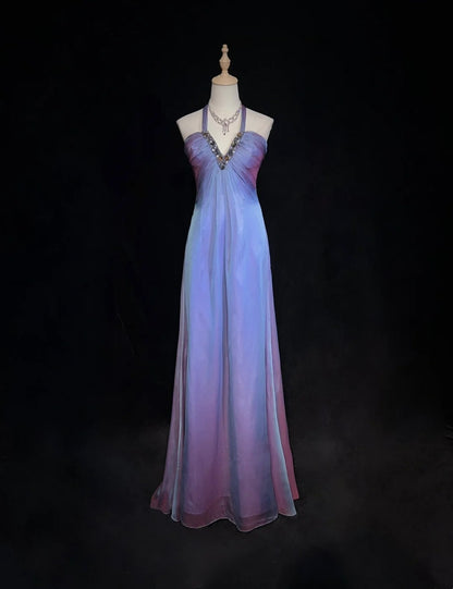 Elegante Abschlussballkleider A-Linie Neckholder Farbverlauf Traube Chiffon Mit Perlen Ärmelloses Langes Abendkleid N2894