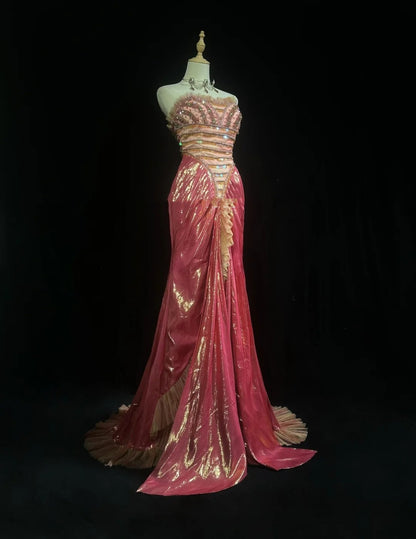 Glamouröses Ballkleid Meerjungfrau Sweetheart Rosa mit Perlen ärmelloses Abendkleid N2871