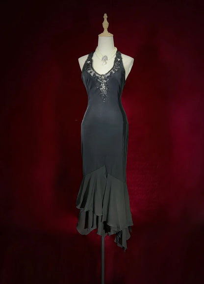 Vintage Abschlussballkleider Meerjungfrau Neckholder Schwarz Chiffon Teelänge Ärmellos 1980er Jahre Ballkleid N2869