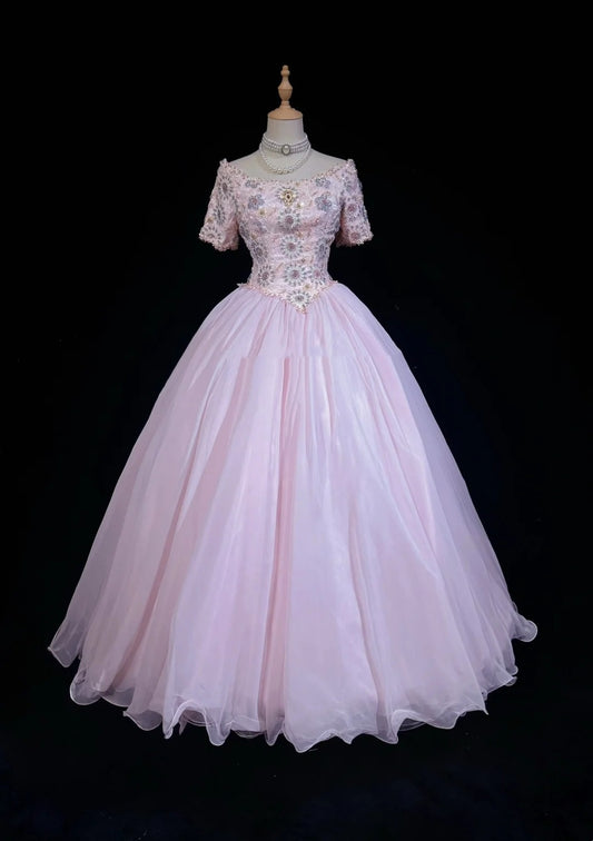 Prinzessin Abschlussballkleider Ballkleid U-Boot-Ausschnitt Rosa Tüll Halbarm Abend langes Quinceañera-Kleid N3285